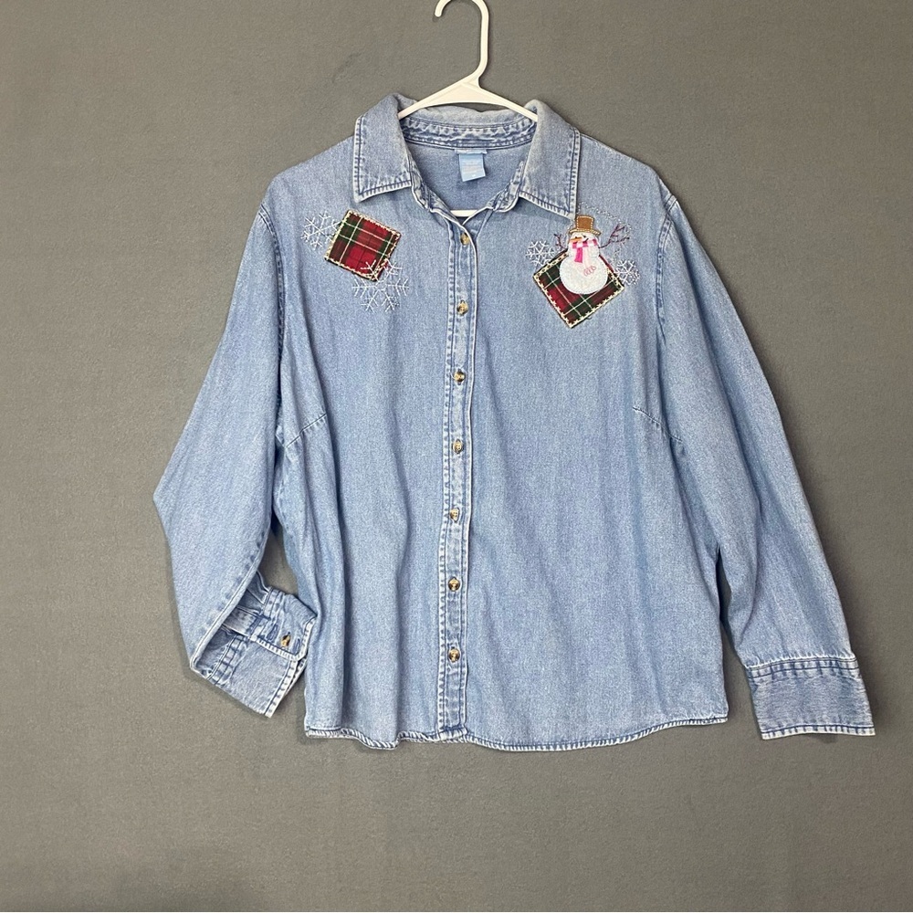 Embroidered Christmas denim button up shirt Size 1X Ugly sweater holiday Winter